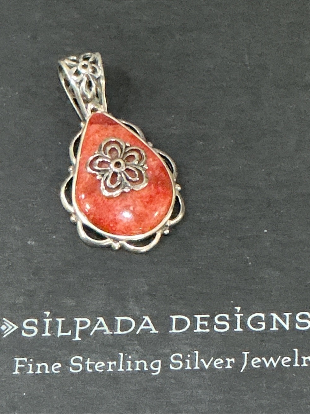 Silpada Coral-Red Teardrop Pendant with Floral Silver Accent